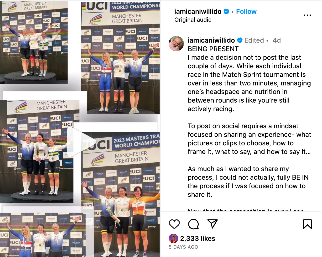 Christine D'Ercole's Instagram post about 2023 Masters Track World Championships.