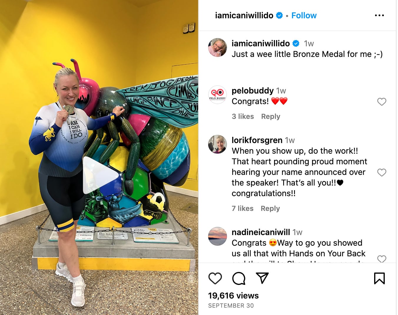 Christine D'Ercole's Instagram post about 2023 Masters Track World Championships 2K Race.