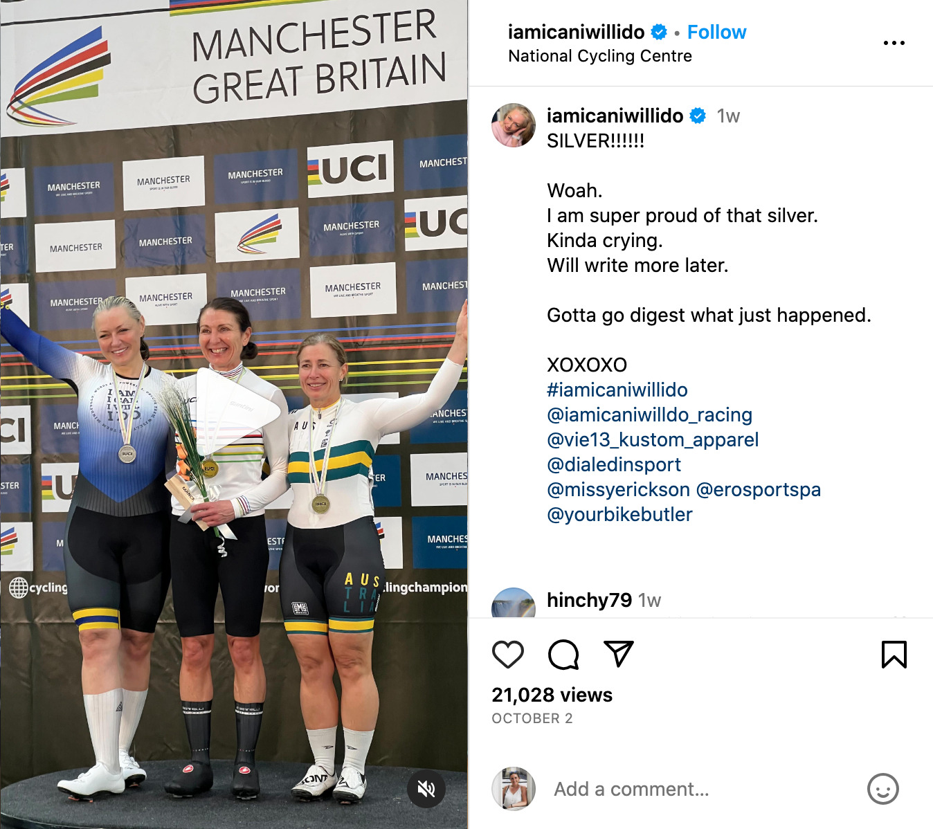 Christine D'Ercole's Instagram post about 2023 Masters Track World Championships Scratch Race.