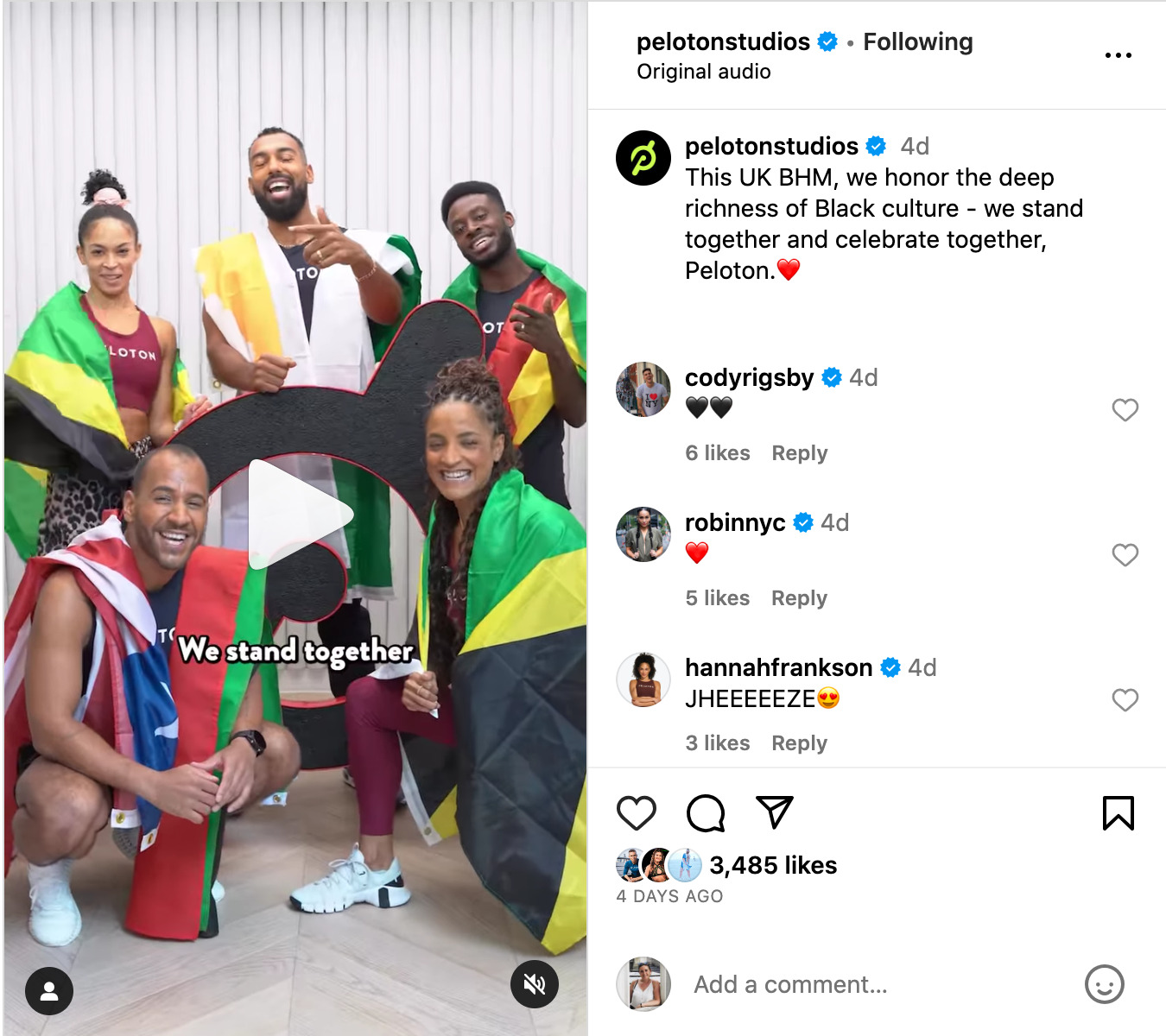 @PelotonStudios Instagram post announcing 2023 U.K. Black History Month content.