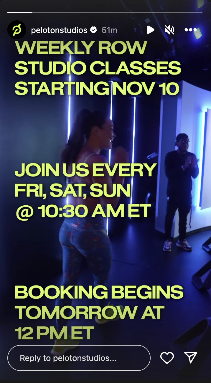 @PelotonStudios Instagram Story announcing weekly rowing classes with members.