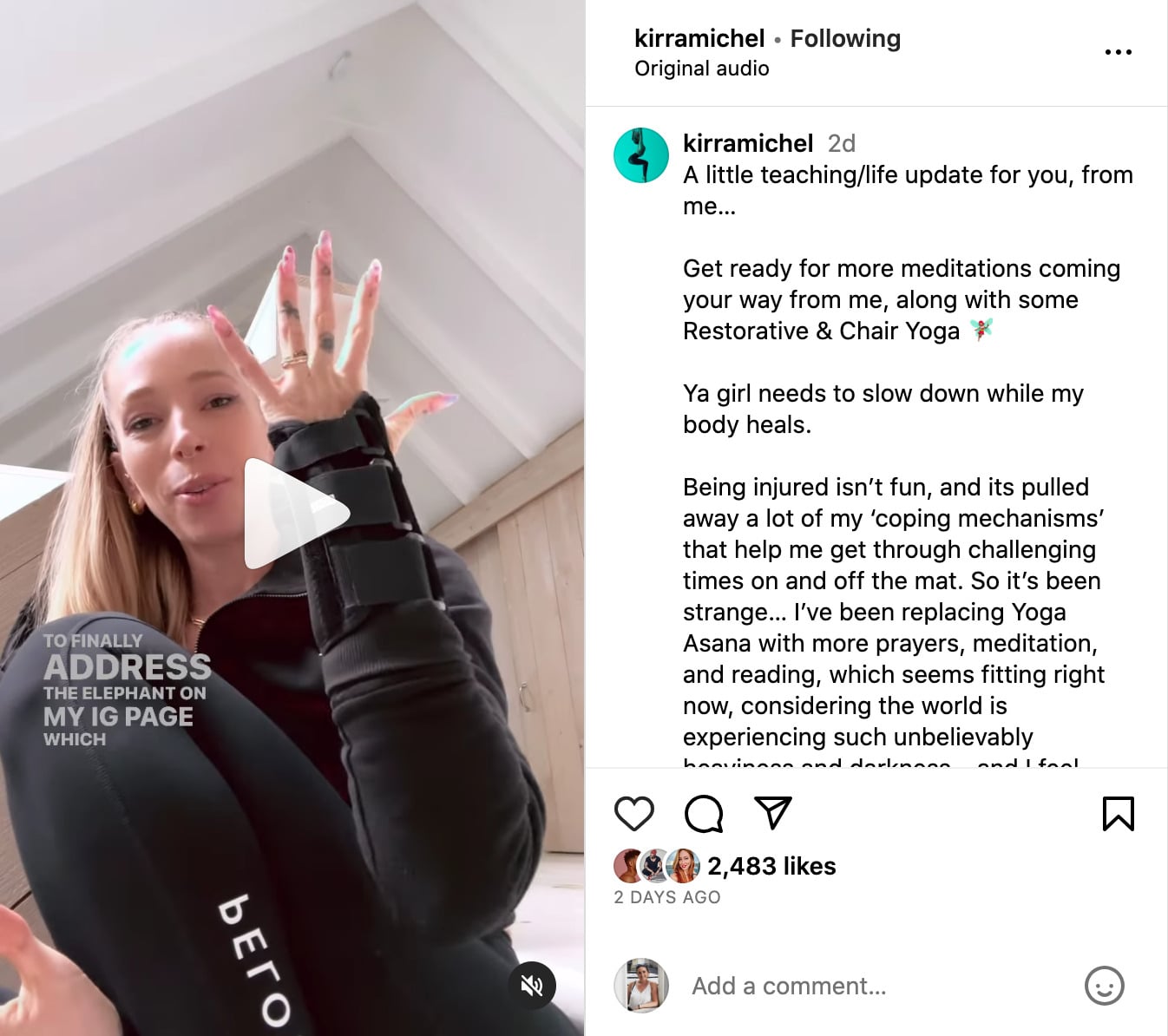Kirra Michel Instagram post announcing injury.