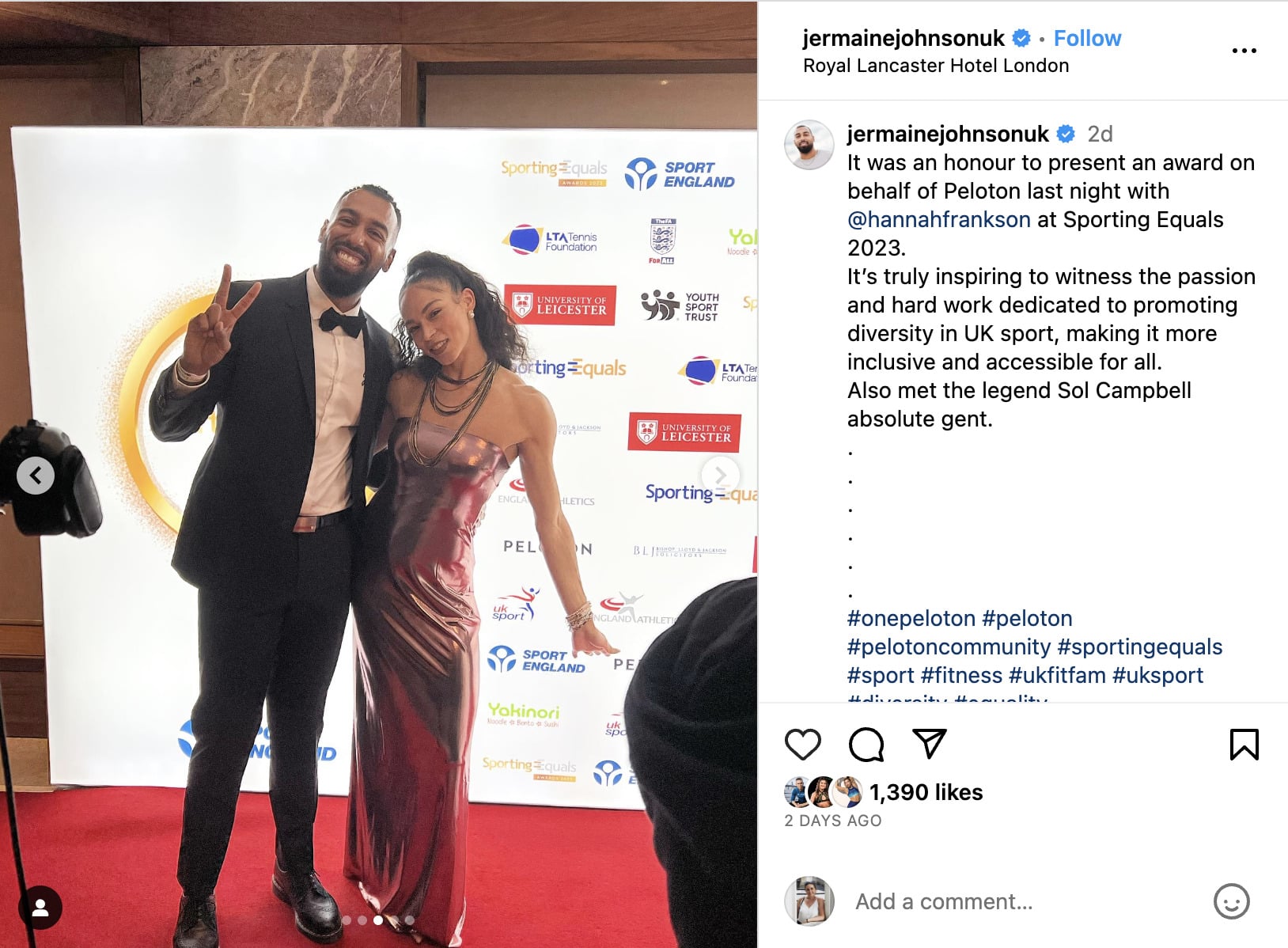 Jermaine Johnson's Instagram post following the Sporting Equals Awards.