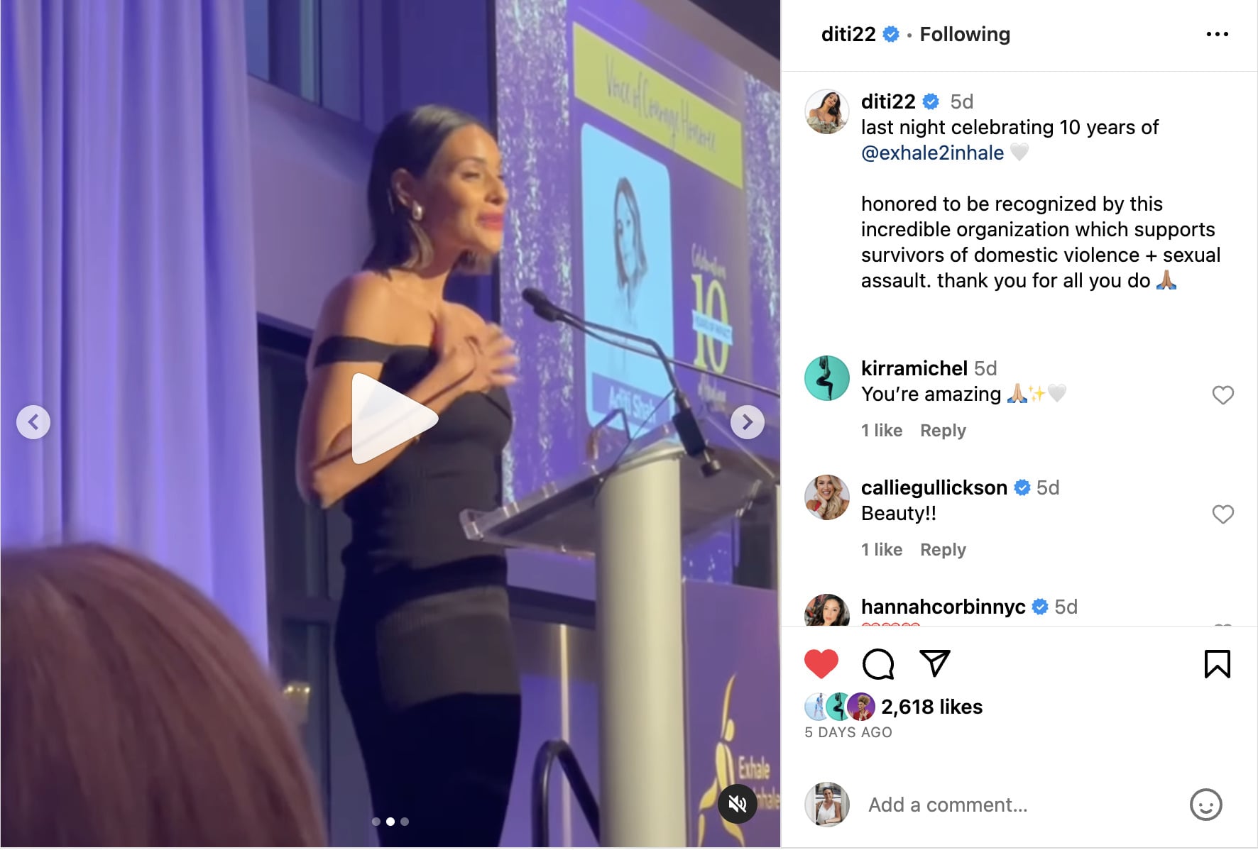 Aditi Shah's Instagram post announcing Exhale to Inhale award.