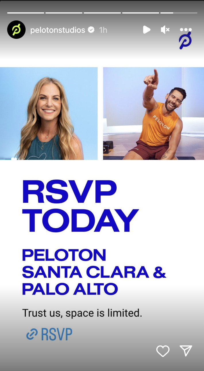@PelotonStudios Instagram Story announcing meet & greet with Matty and Jenn.