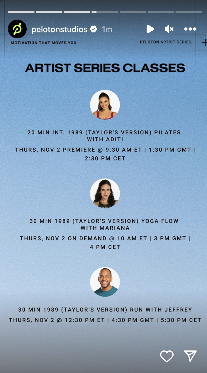 Peloton 1989 (Taylor's Version) classes. Image credit Peloton social medida.