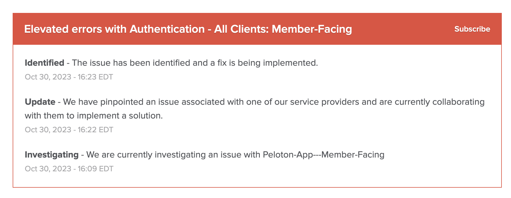 Peloton incident report regarding October 30, 2023 outage.