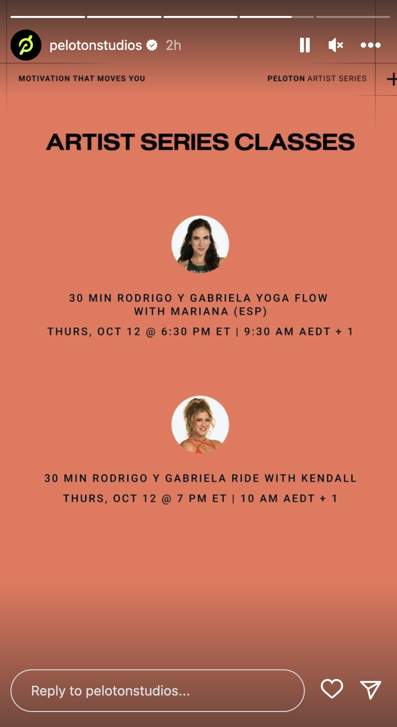 Rodrigo y Gabriela class list. Image credit Peloton social media.
