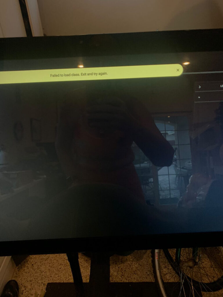 Peloton error message on Bike during Robin Arzon Turkey Burn ride