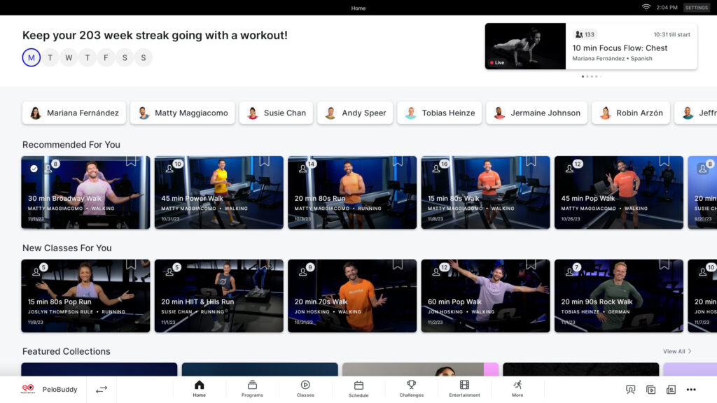 Entertainment in the footer of the main screen of a Peloton device.