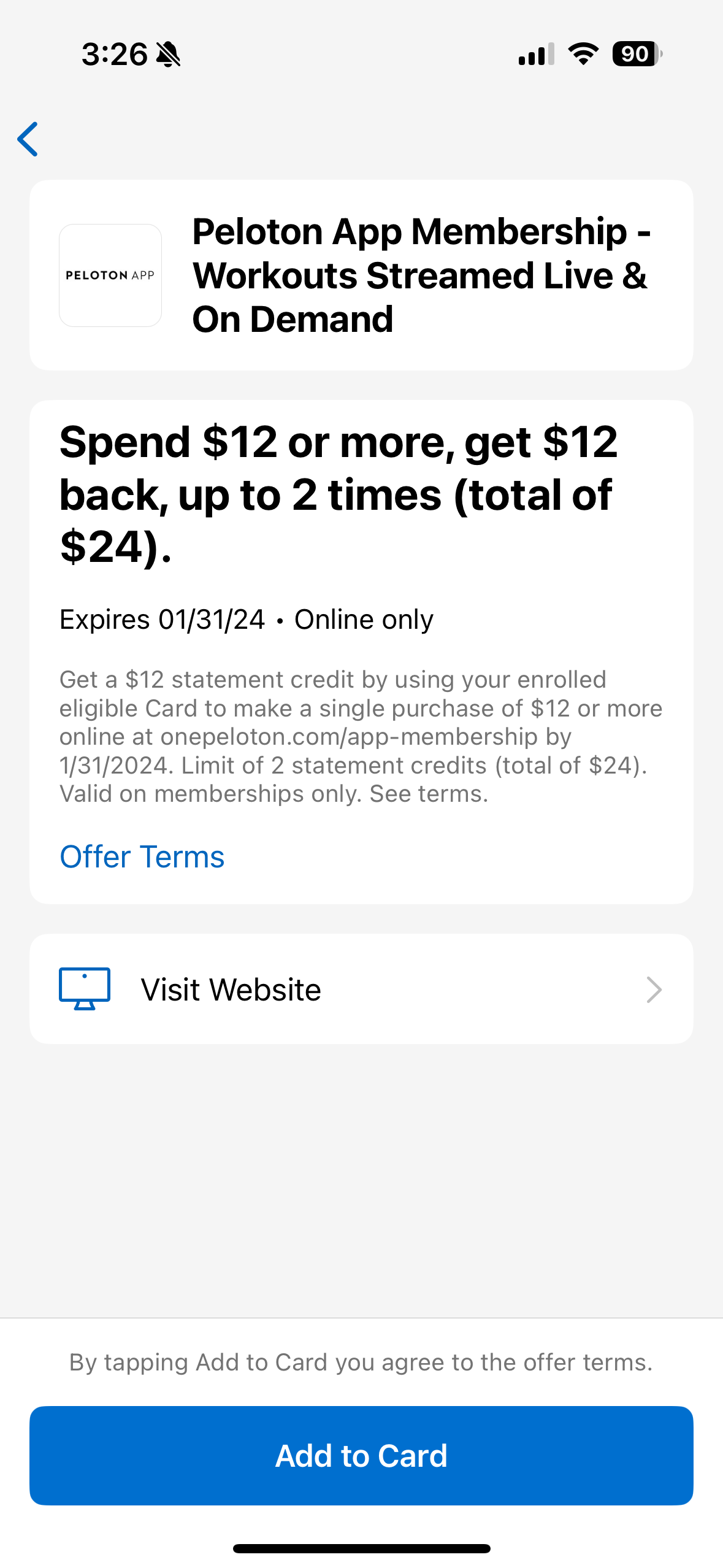 Peloton offer in American Express portal.