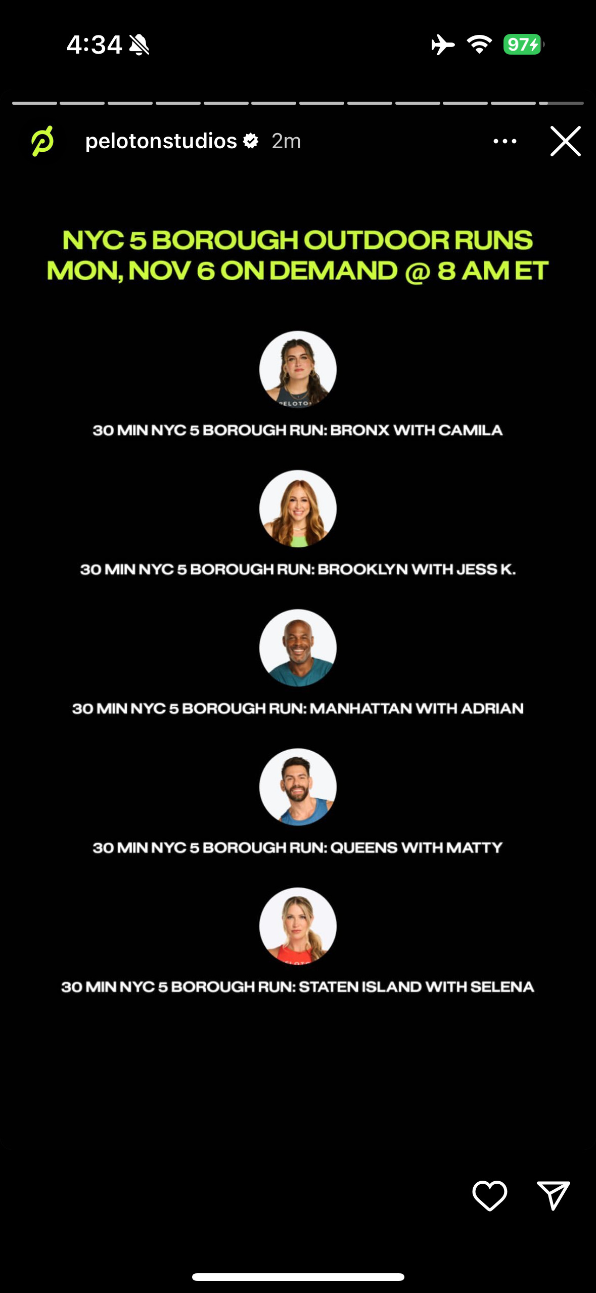 @PelotonStudios Instagram Story announcing 5 borough outdoor runs.