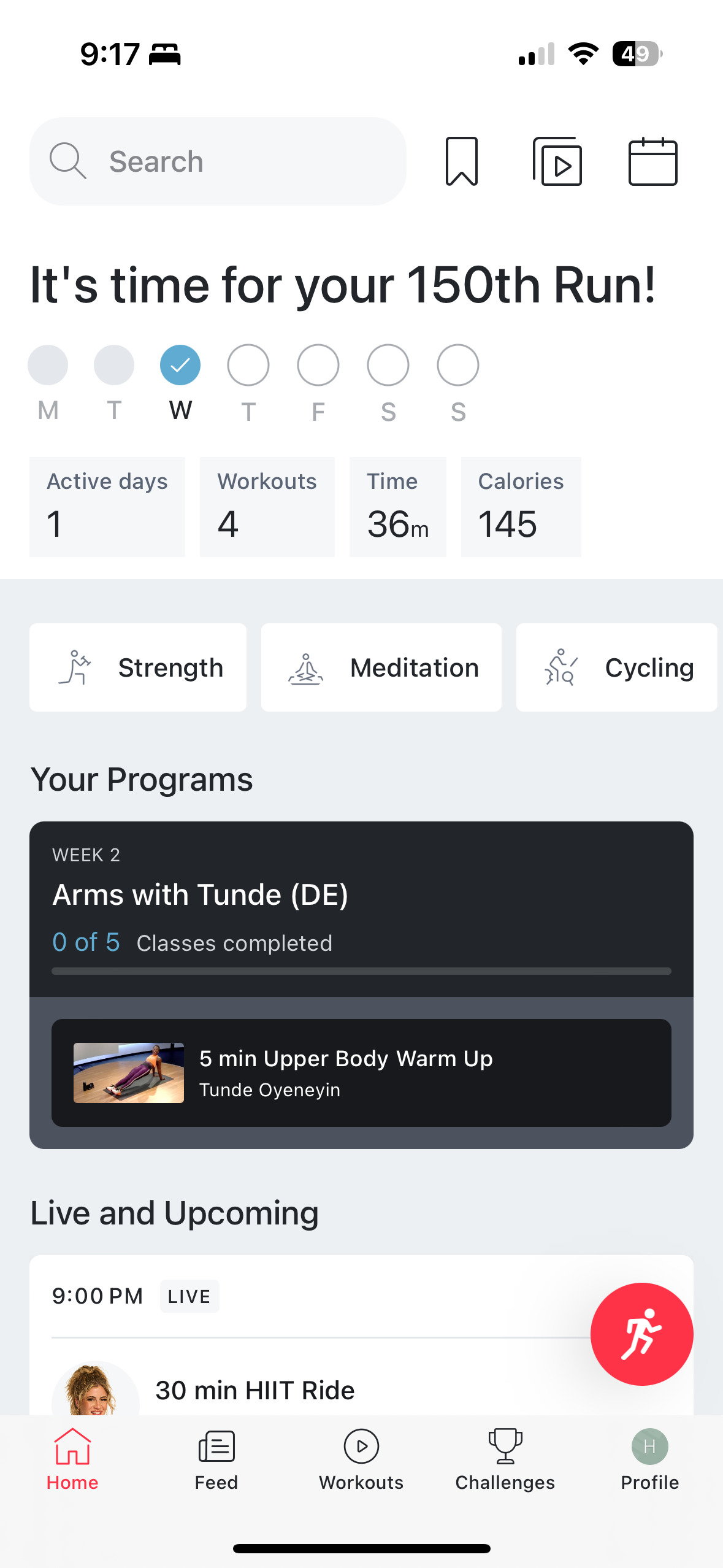 Peloton app home screen with 7/30/90 day statistics removed.
