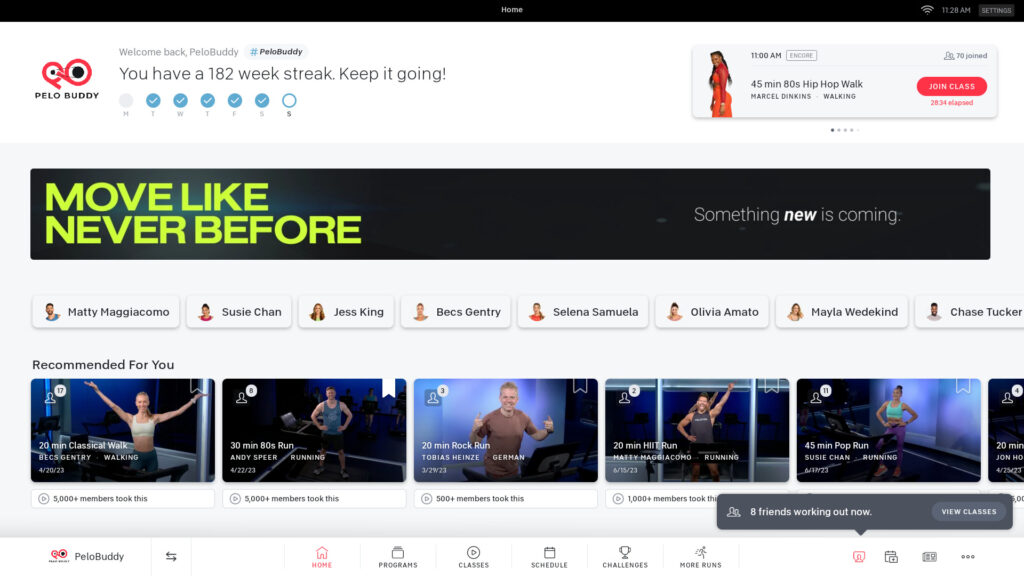 The old Peloton home screen for comparison.
