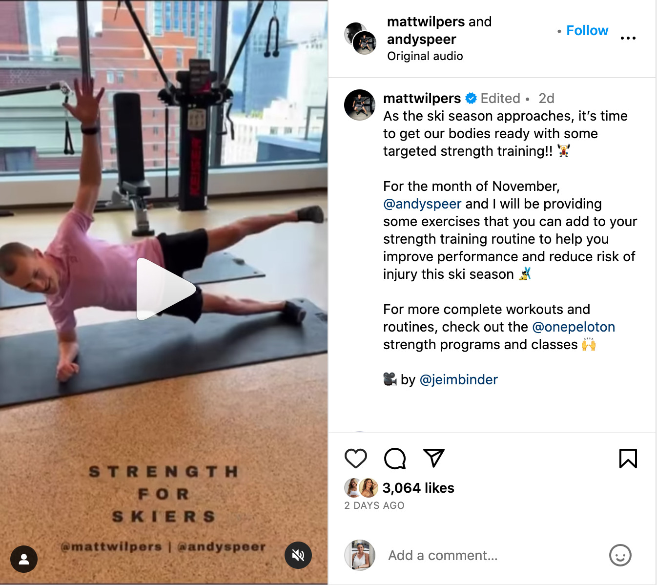 Matt Wilpers' Instagram post sharing upcoming strength for skiers content.