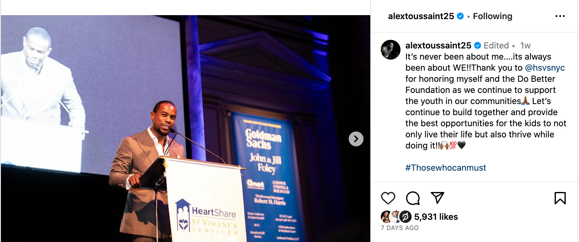 Alex Toussaint's Instagram post about HeartShare St. Vincent’s Services award.
