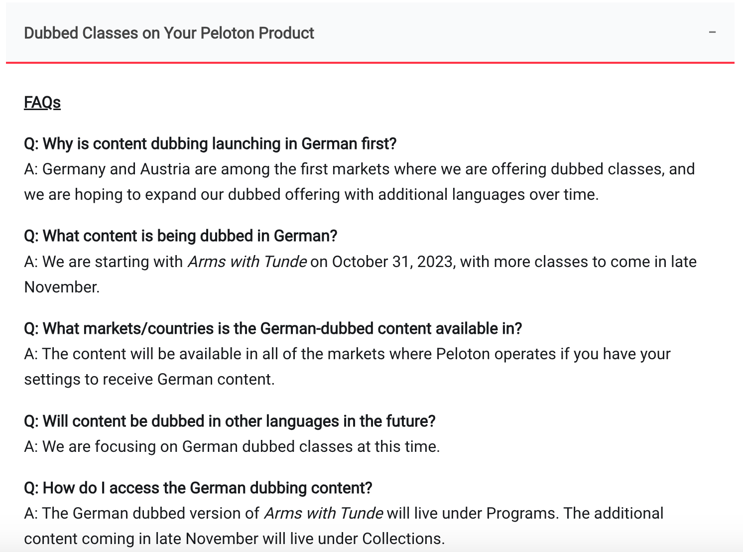“Dubbed classes on your Peloton product" section of subtitles & closed captions support page.