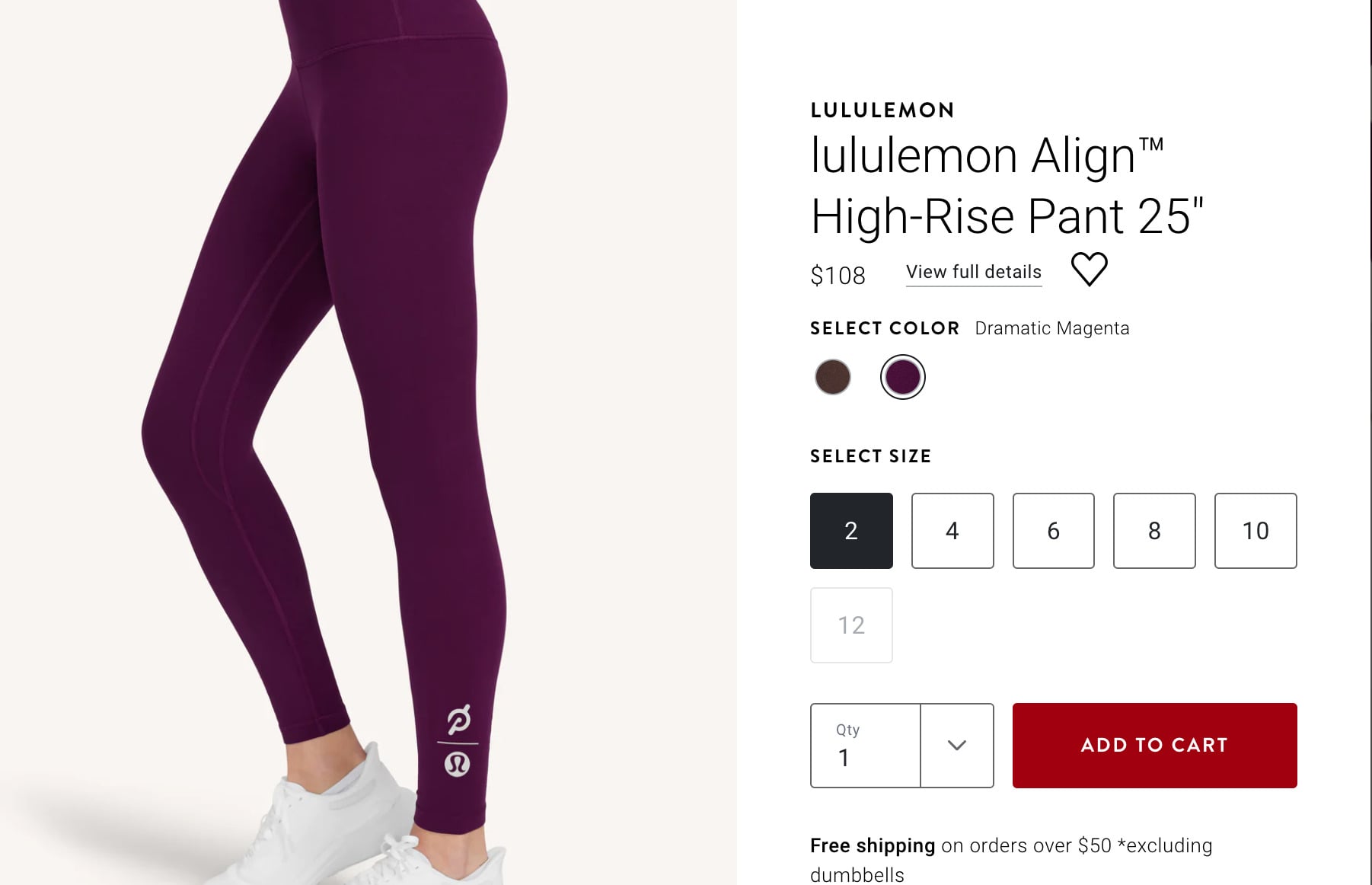 Peloton x lululemon sizing options on Peloton Apparel website.