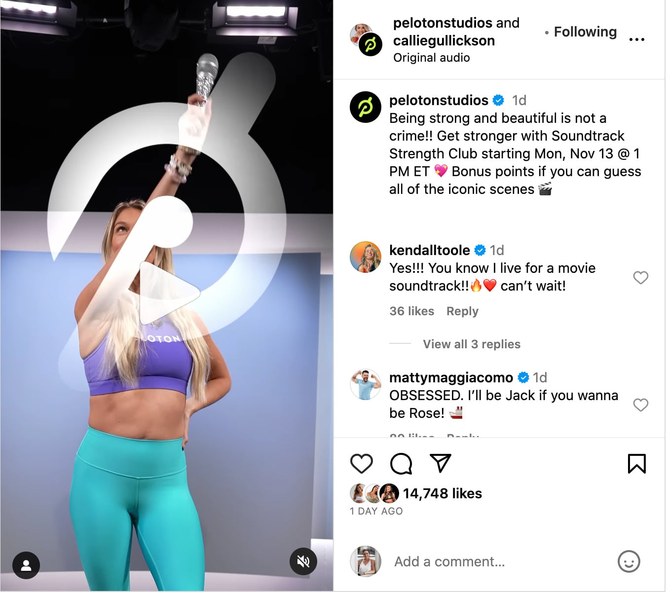 Peloton social media announcement of Callie Gullickson's new series, Soundtrack Strength Club.