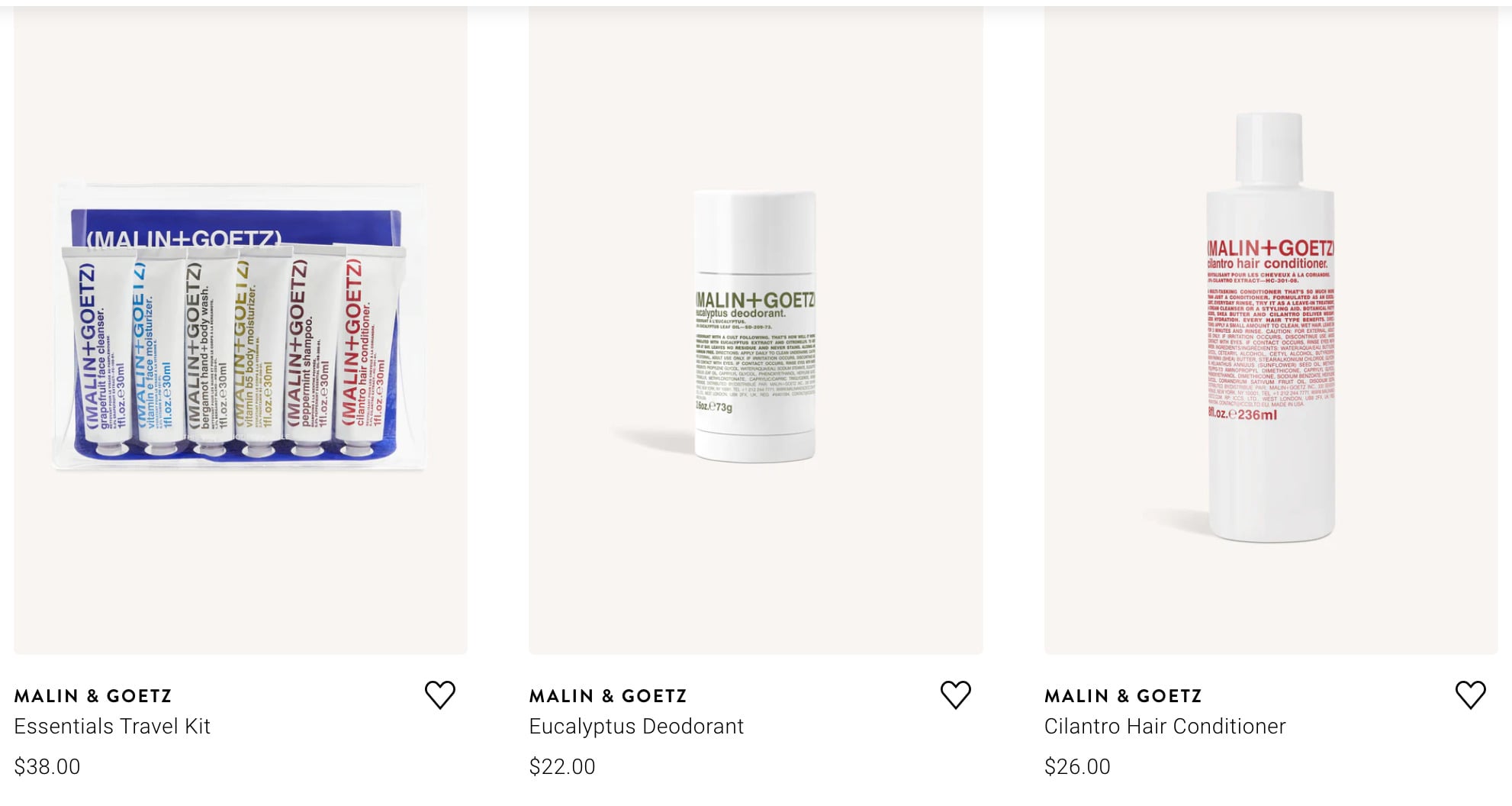 Malin+Goetz products on Peloton Apparel website.