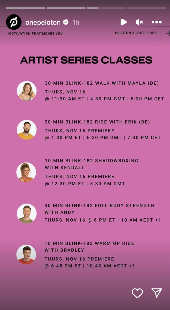 Peloton's Blink-182 classes. Image credit Peloton social media.