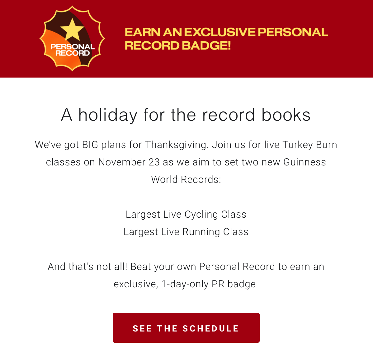 Peloton email about 10 years of Turkey Burn.