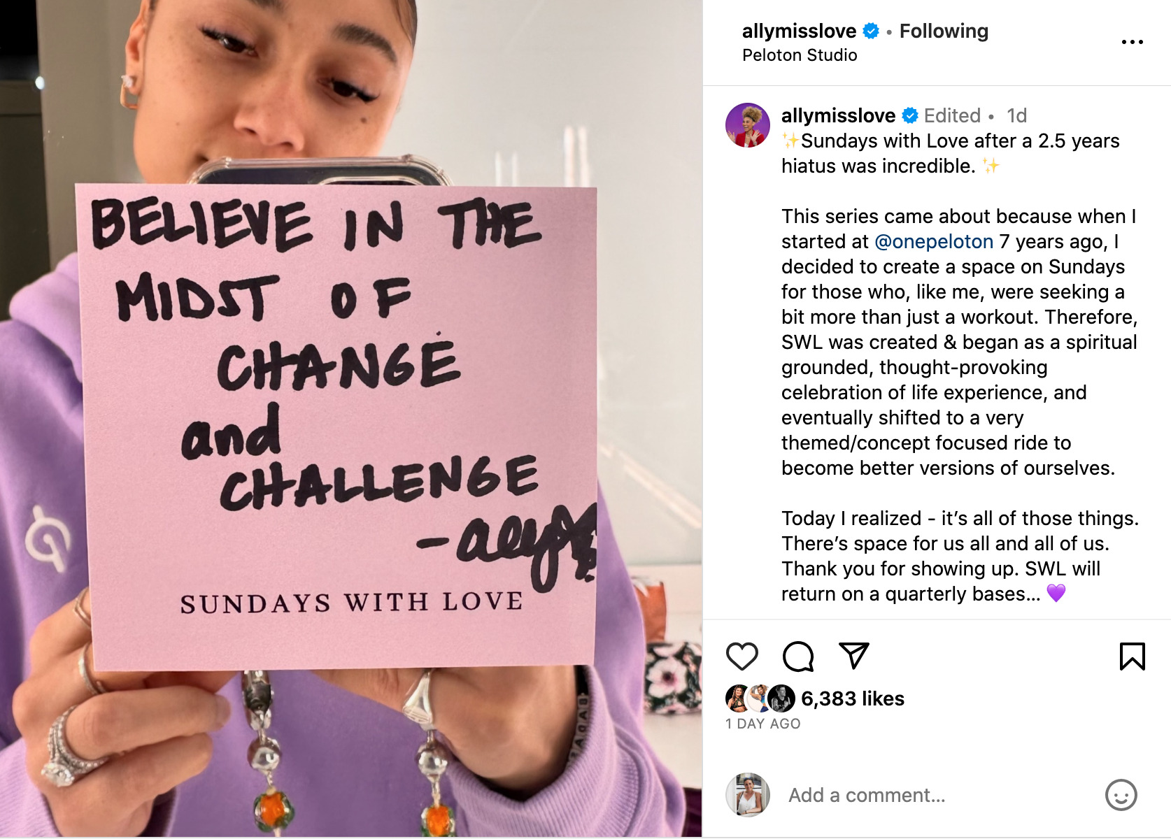 Ally Love's Instagram post about the return of Sundays with Love.