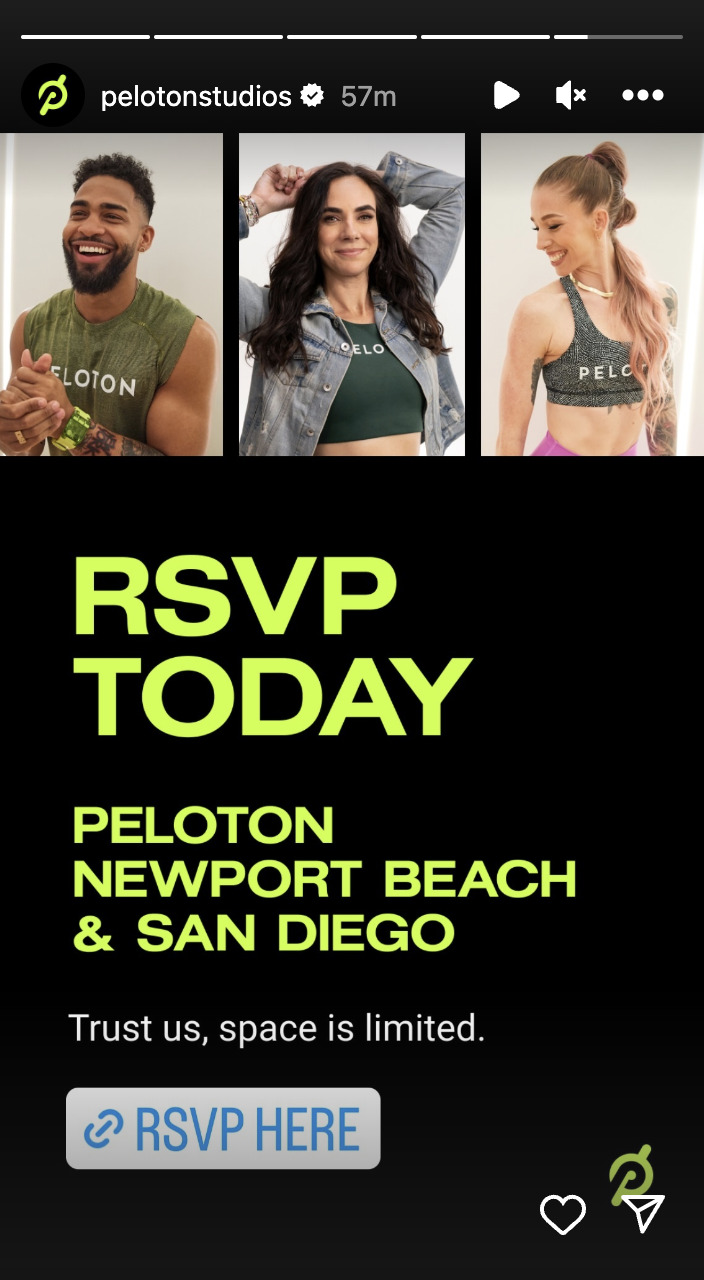 @PelotonStudios Instagram Story announcing California events.