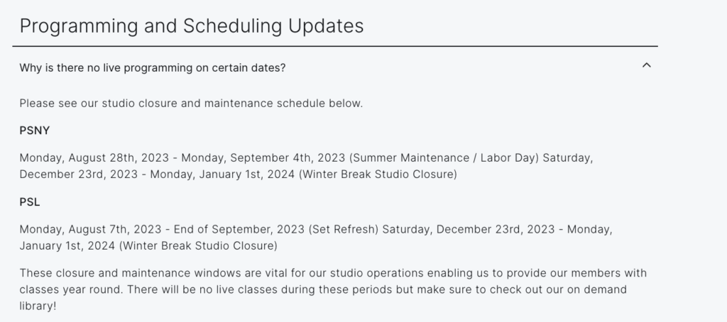 Studio FAQ page detailing “Winter Break Studio Closure”