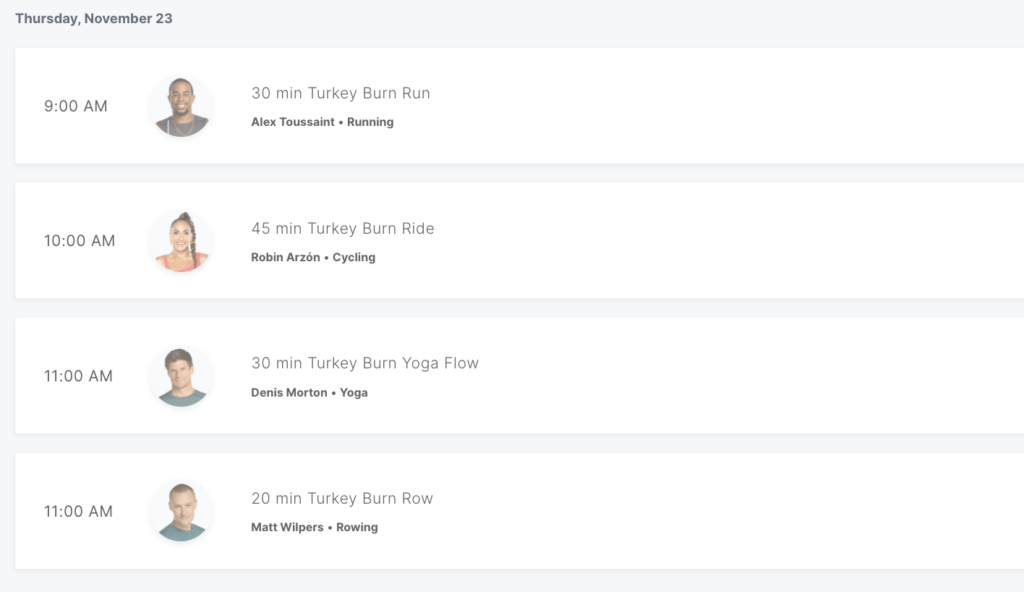 List of 2023 Peloton Turkey Burn classes with members.