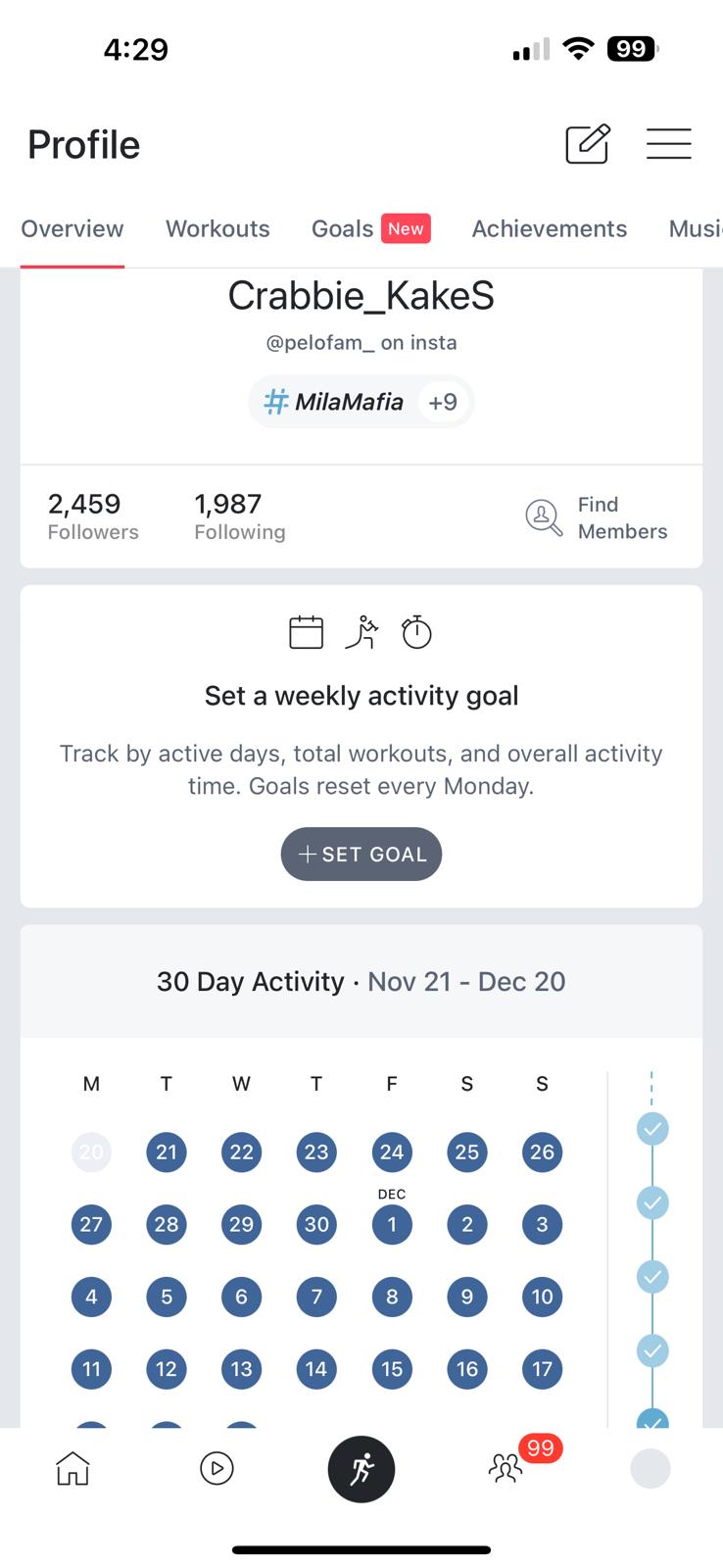 "Set a weekly activity goal" section in member profile overview.