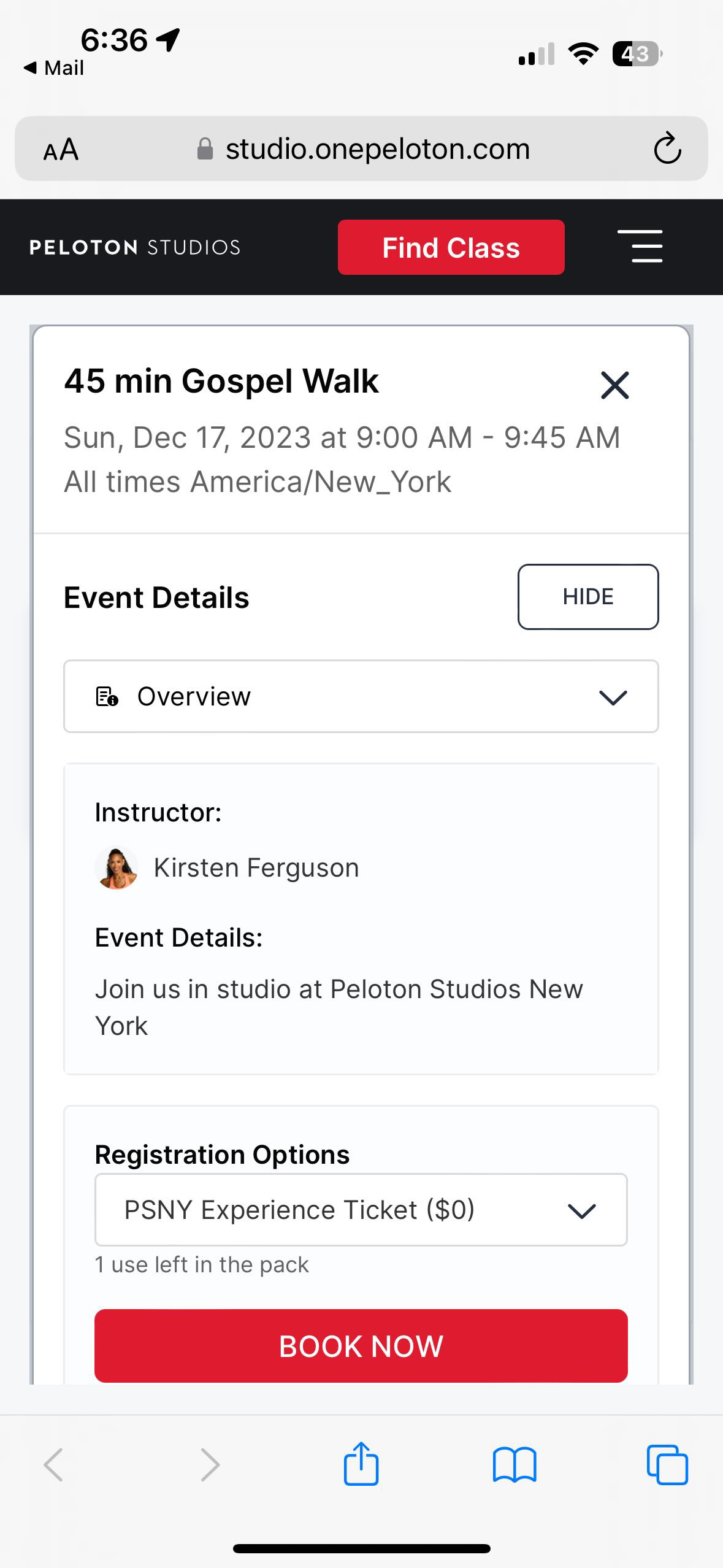 Peloton Studios booking page to claim opened waitlist spot within 2 hour claim window.