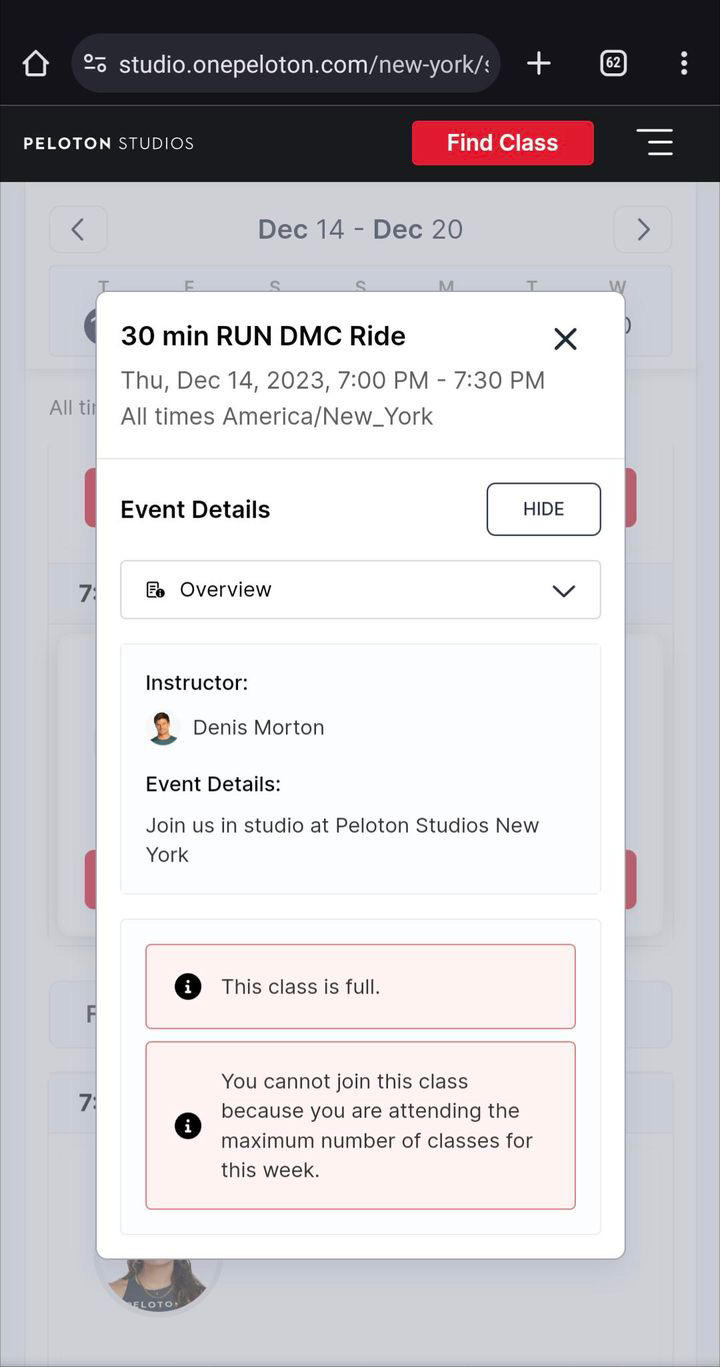 Error message when trying to book past the 4 class limit on the Peloton Studios booking site.