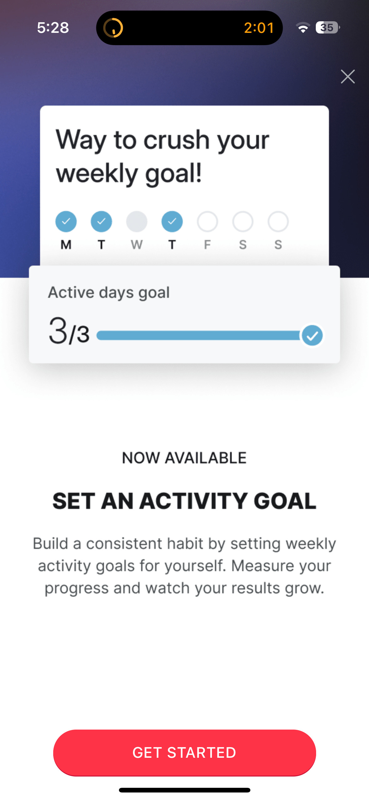 Weekly Activity Goals feature alert on Peloton app.