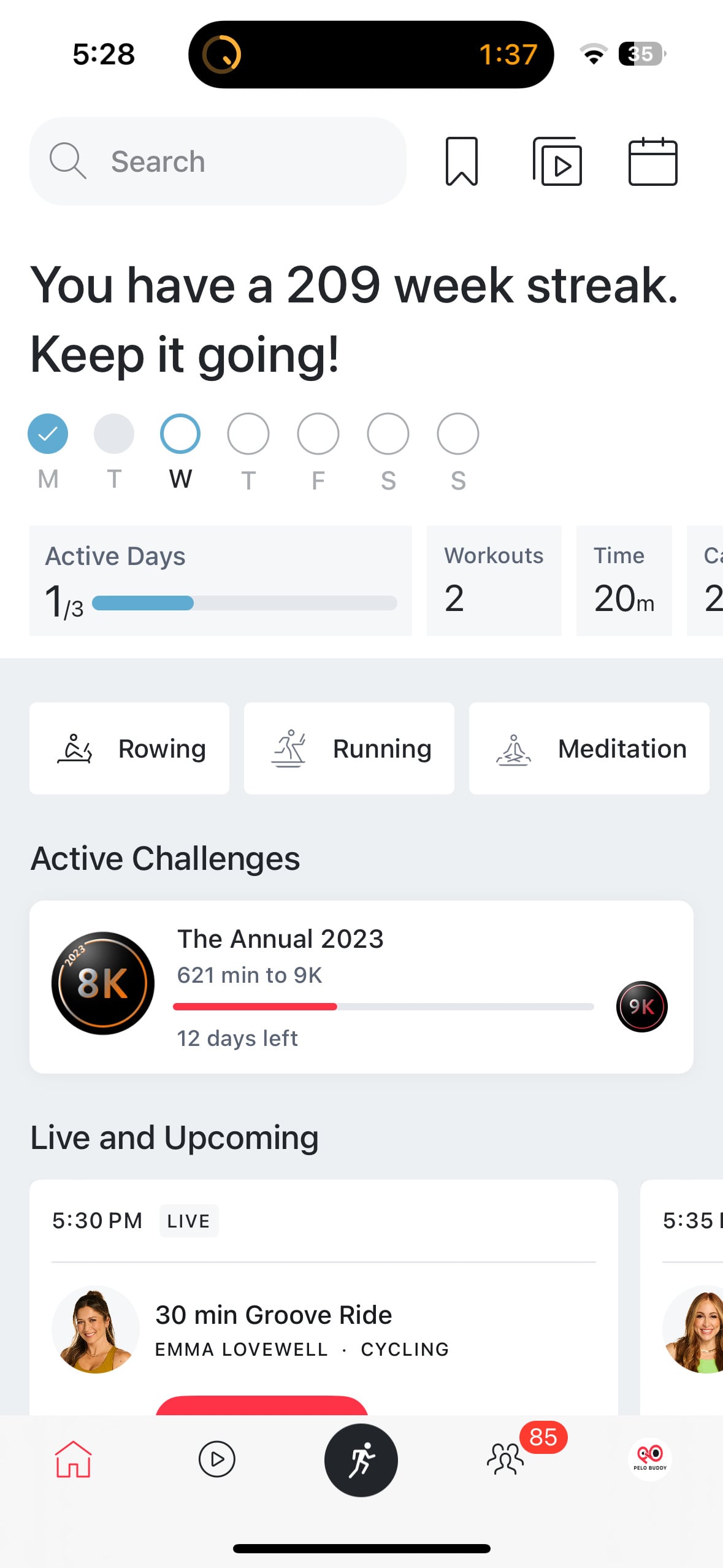 Weekly activity goal progress tracked on home page.