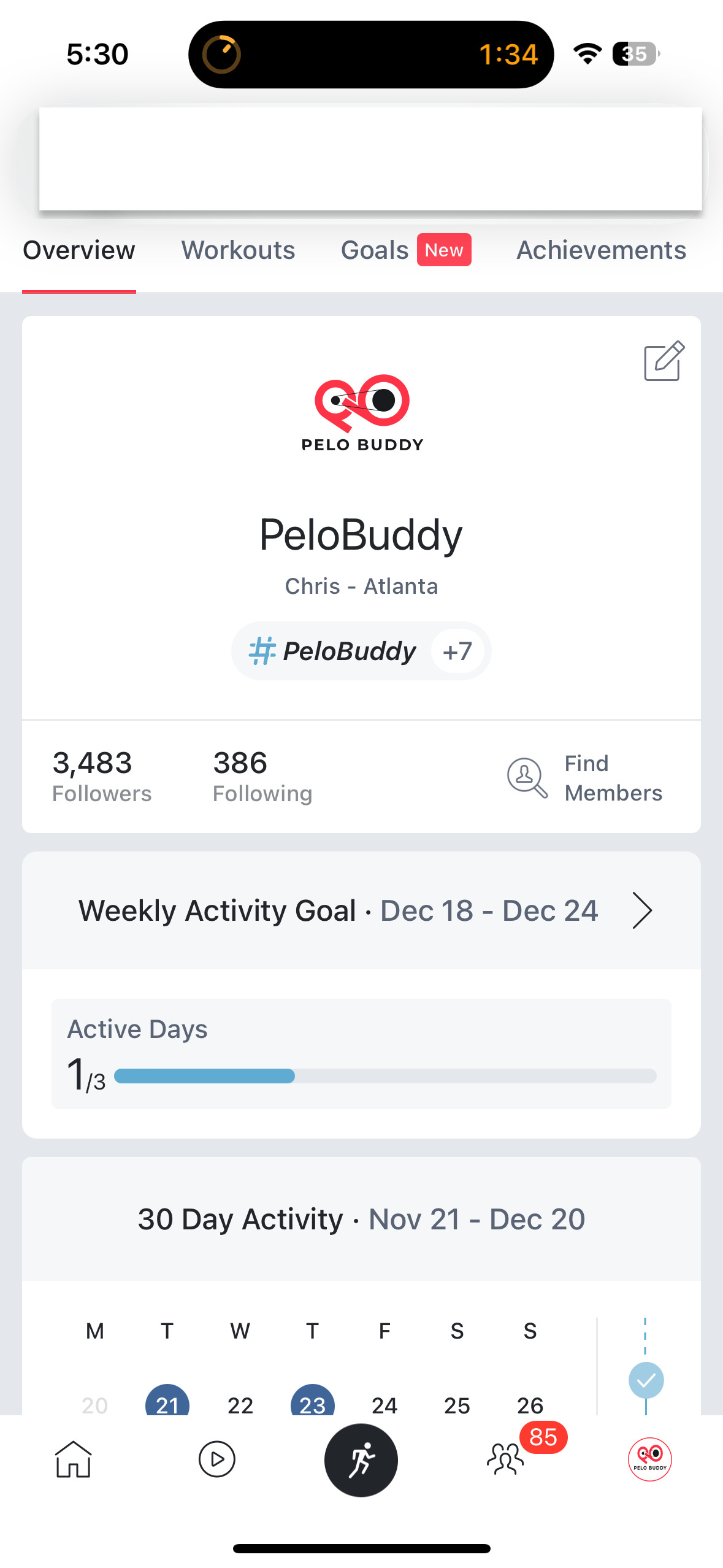 Goal progress displayed on profile overview.
