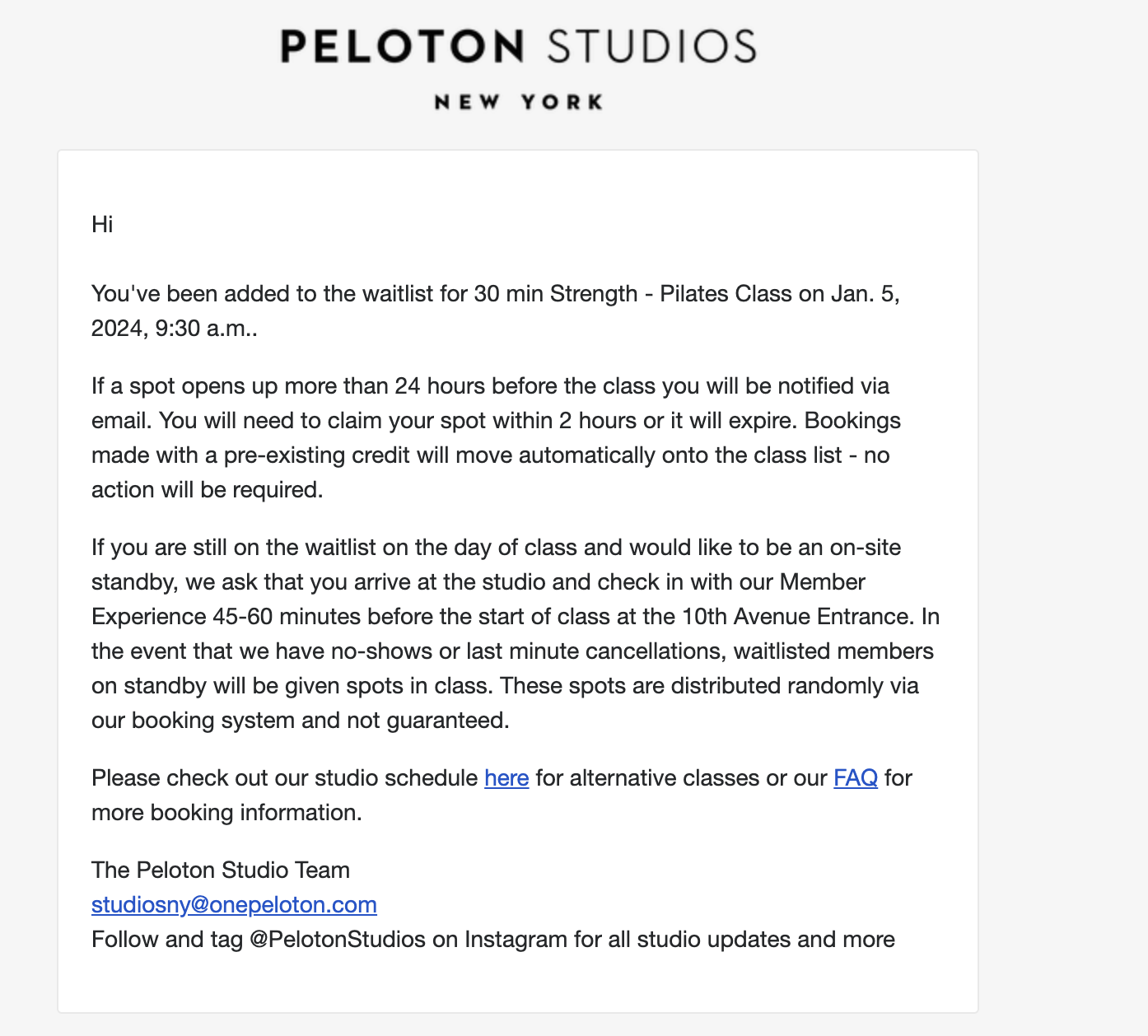 Peloton waitlist email with disclaimer about 2 hour claim window.