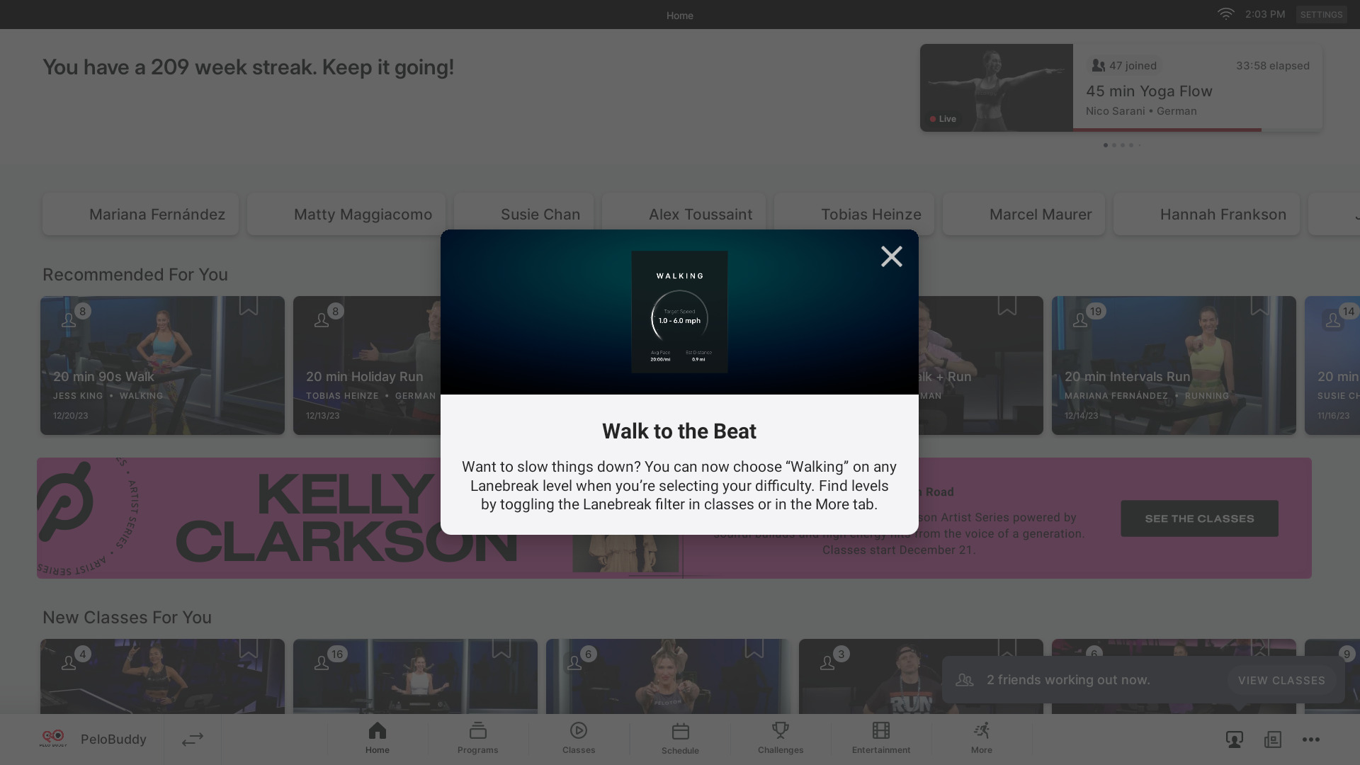 Lanebreak pop-up about new walking level on Peloton Tread.