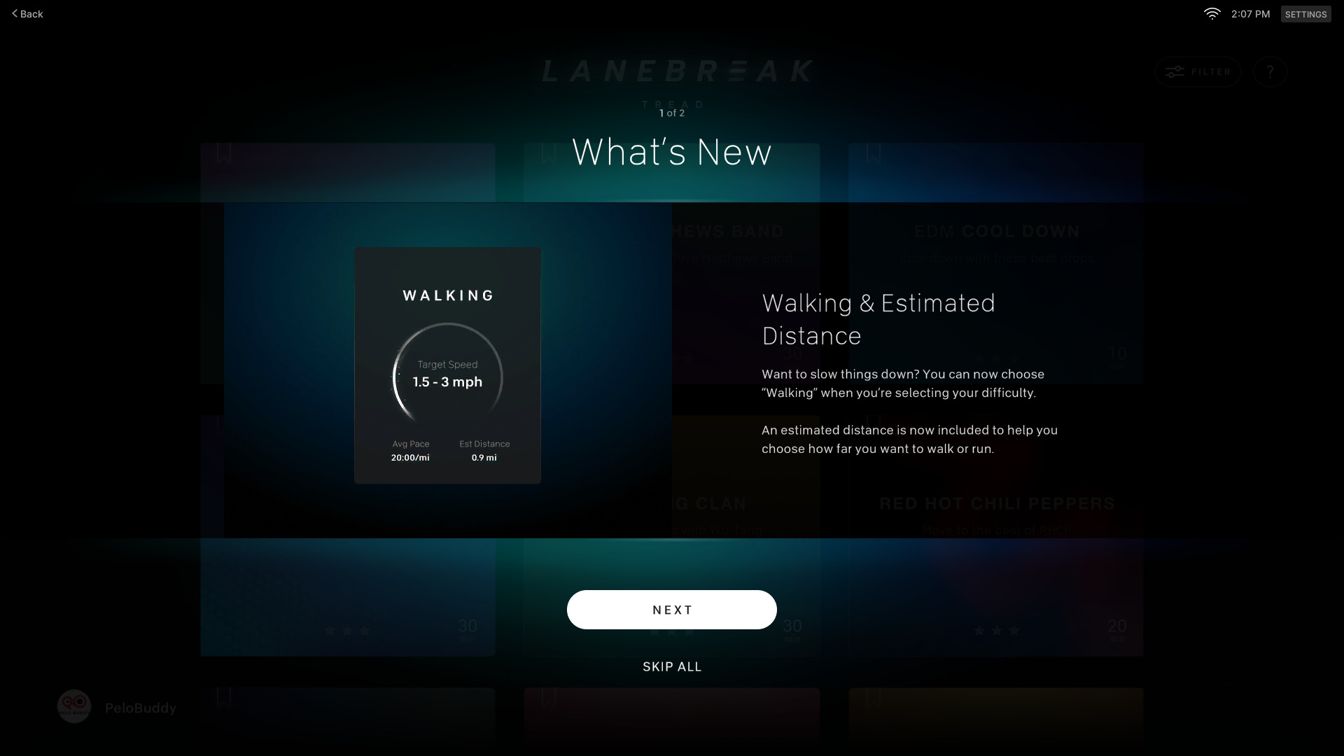 Lanebreak pop-up about new walking level on Peloton Tread.