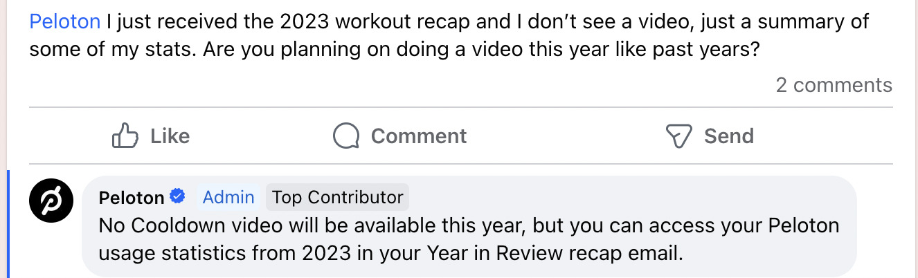 Peloton's response to a social media comment about the Cooldown.