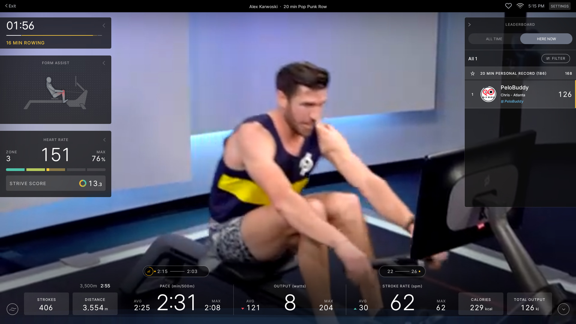 Pace per 500 meters displayed on the Row.