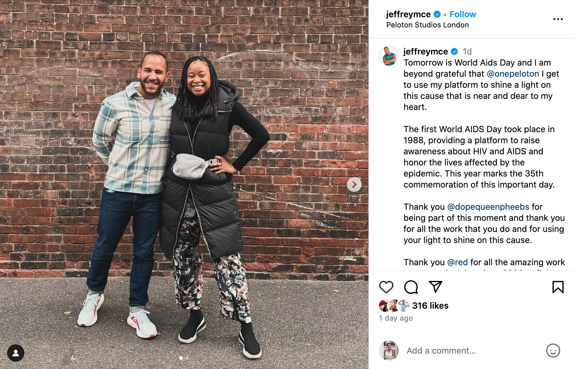 Jeffrey McEachern's Instagram post about World AIDS Day Run.