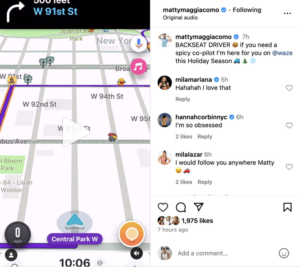 Matty Maggiacomo's Instagram post about Waze.