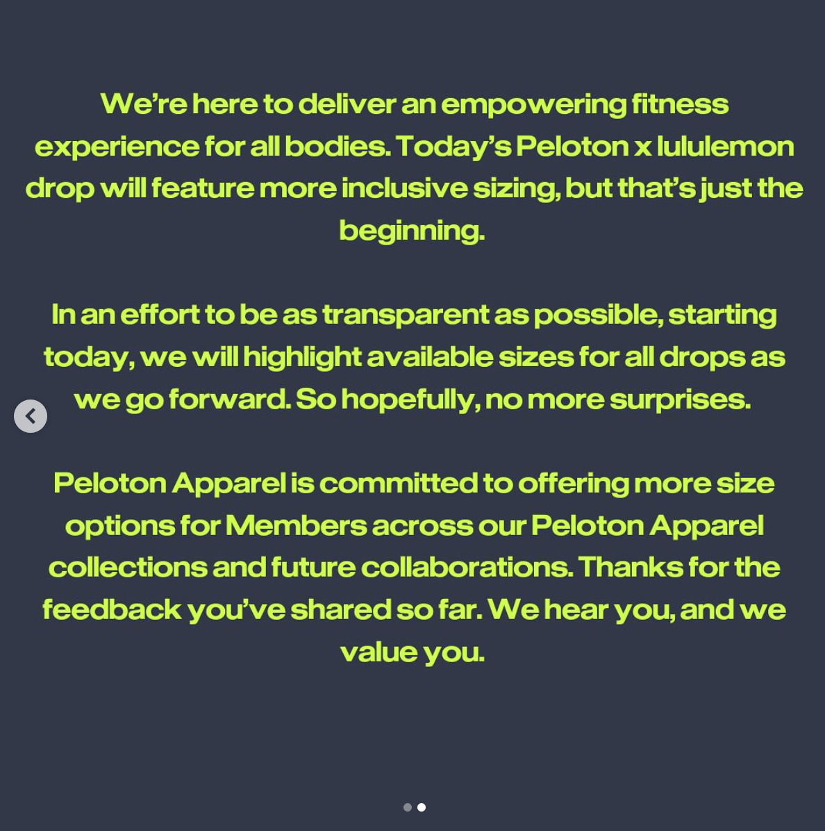 @PelotonApparel Instagram update regarding inclusive sizing. Image credit Peloton social media.