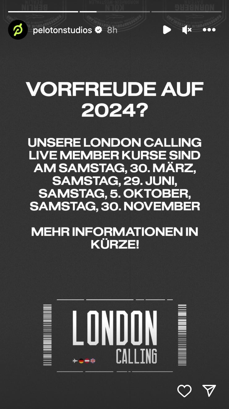@PelotonStudios Instagram Story announcing 2024 London Calling dates.