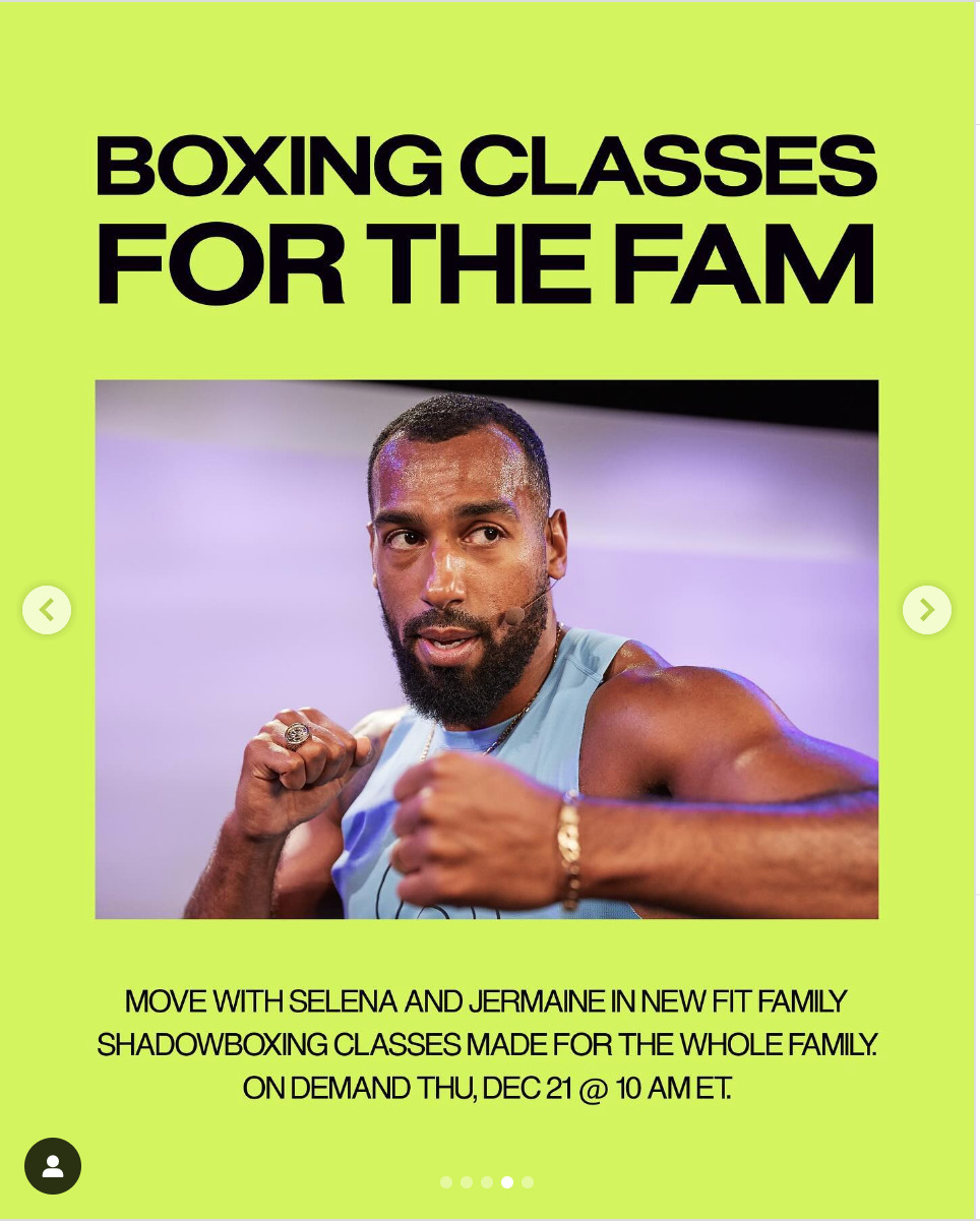 @PelotonStudios Instagram post announcing Fit Family Shadowboxing classes. Image credit Peloton social media.