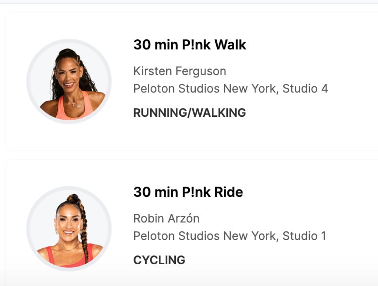 Peloton P!nk classes on the studio booking site.