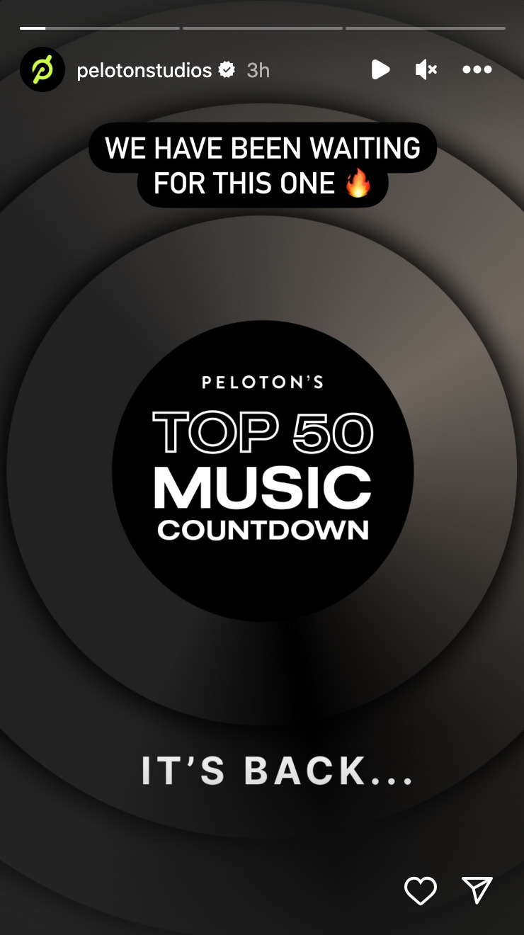 @PelotonStudios Instagram Story about Top 50 Countdown classes.