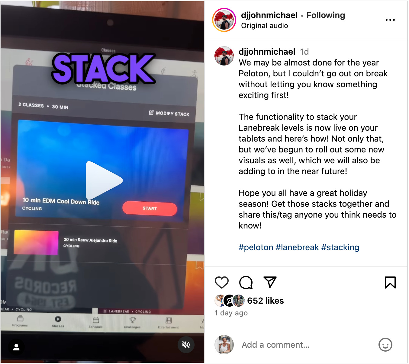 DJ John Michael's Instagram post announcing Lanebreak updates.
