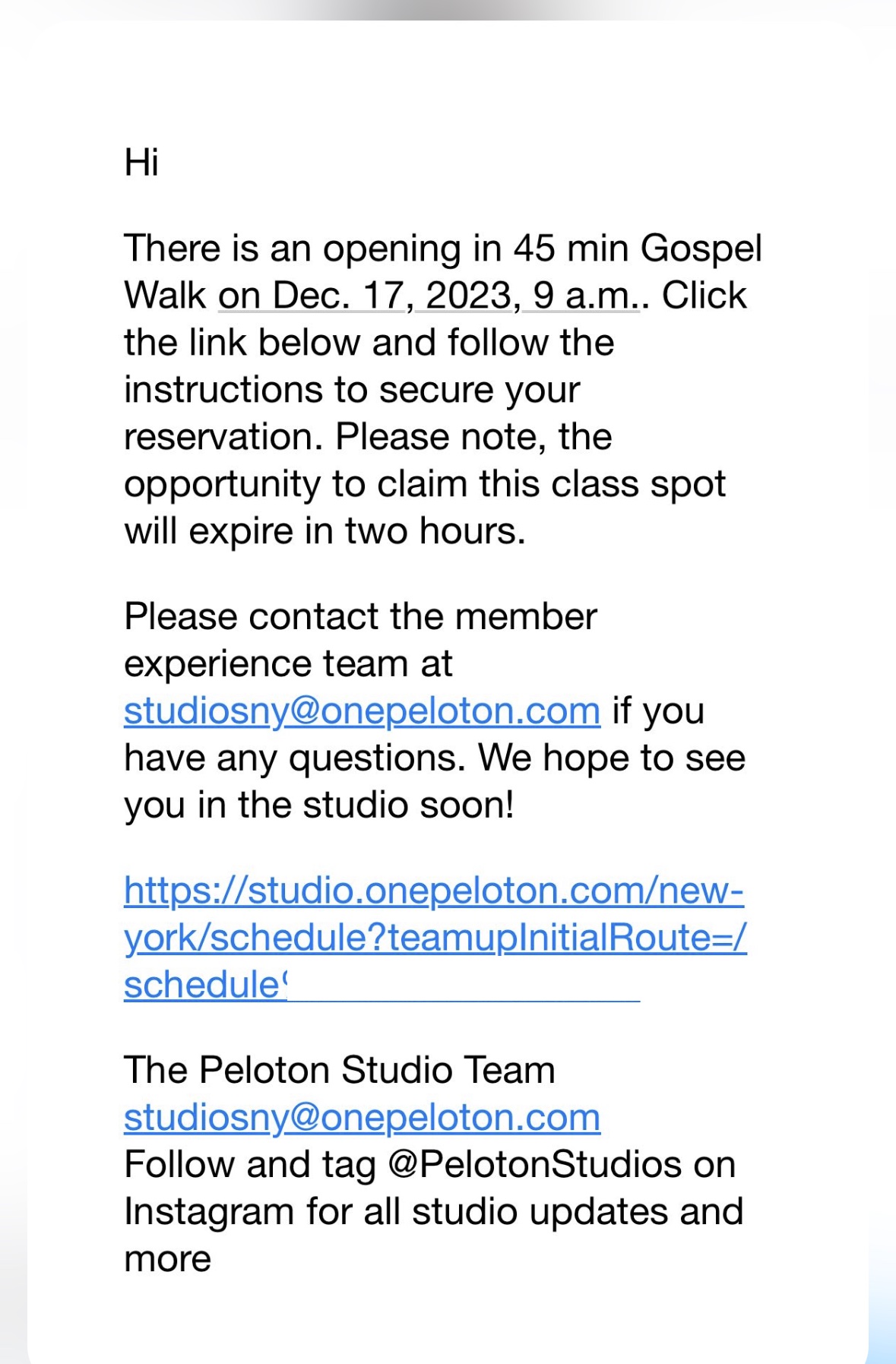 Notification email sent to a waitlisted member when a spot opened up in an upcoming class.